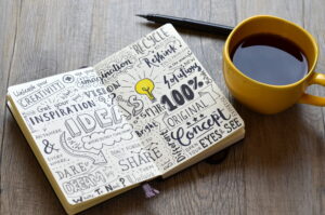 Handwritten sketch notes IDEAS in notepad on table with coffee a
